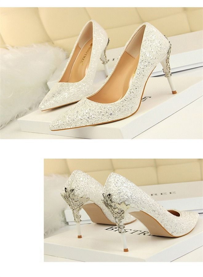 BIGTREE حذاء بكعب عالٍ مزين بالترتر ذو أطراف ضحلة 9.5 سم، أبيض - Image 2