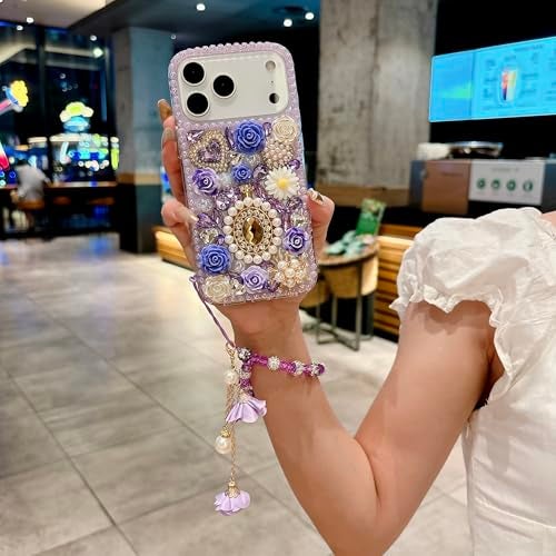iFiLOVE for iPhone 17 Pro Max Bling Diamond Case with Flower Strap, 3D Luxury Sparkle Glitter Crystal Rhinestone Pearl Love Rose Wristband Bracelet Case Cover for Girls Women Kids (Champagne) - Image 3