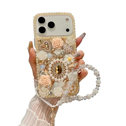 iFiLOVE for iPhone 17 Pro Max Bling Diamond Case with Flower Strap, 3D Luxury Sparkle Glitter Crystal Rhinestone Pearl Love Rose Wristband Bracelet Case Cover for Girls Women Kids (Champagne) - Image 1