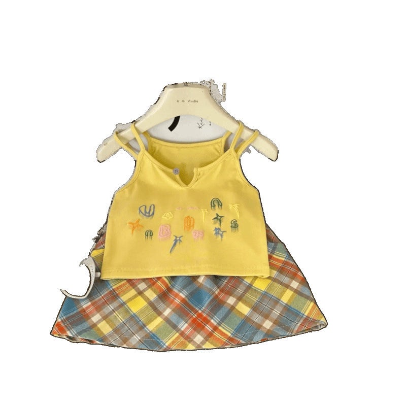 Korean Style Girls 2025 Fashionable Dopamine Print Suspender Plaid Skirt Two-Piece Set Trendy - Image 5