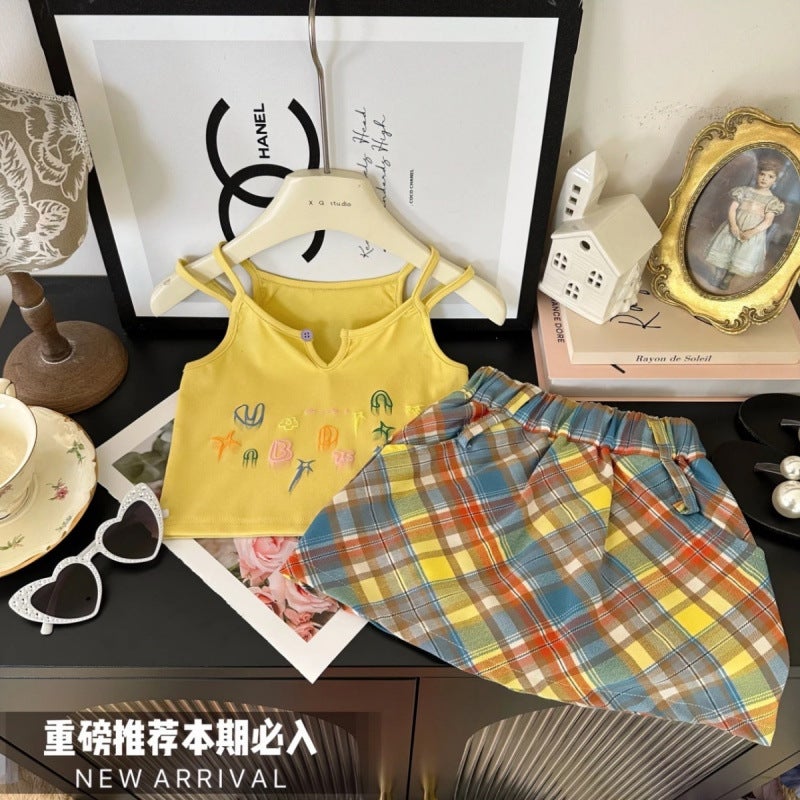Korean Style Girls 2025 Fashionable Dopamine Print Suspender Plaid Skirt Two-Piece Set Trendy - Image 2