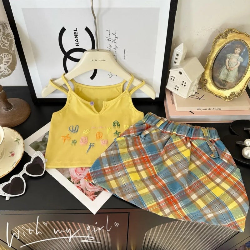 Korean Style Girls 2025 Fashionable Dopamine Print Suspender Plaid Skirt Two-Piece Set Trendy - Image 1