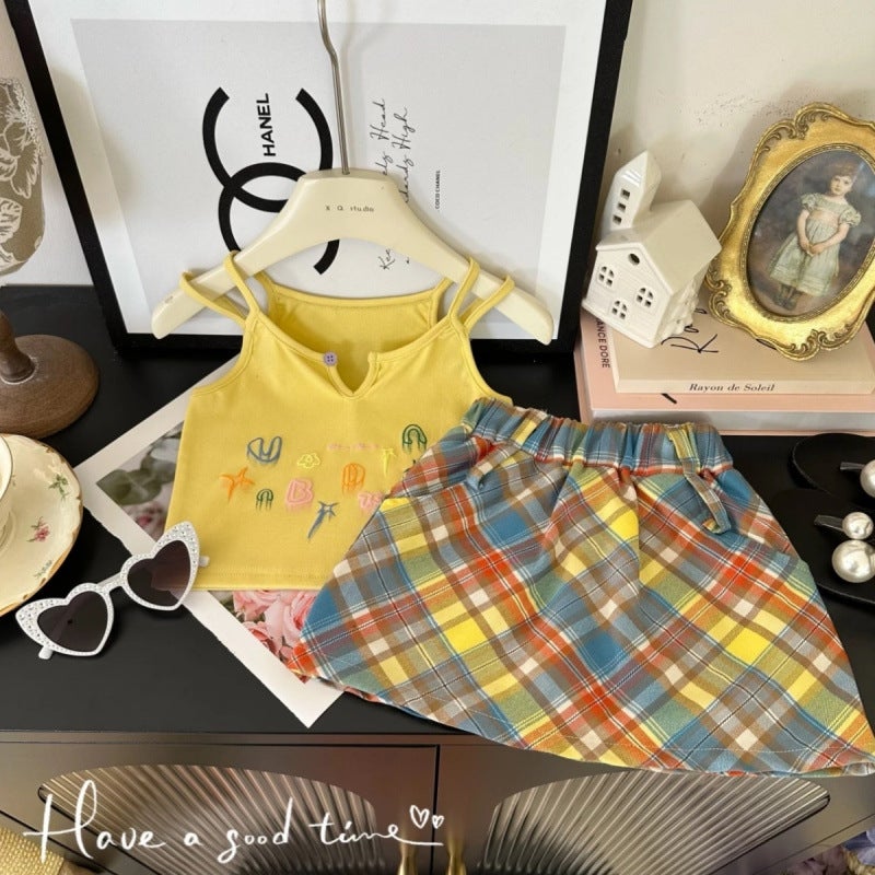 Korean Style Girls 2025 Fashionable Dopamine Print Suspender Plaid Skirt Two-Piece Set Trendy - Image 3