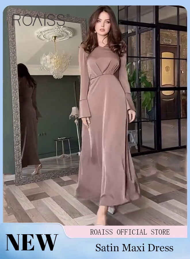 roaiss V Neck Puff Sleeves Slim Dress for Women Advanced Solid Color Tie-Waisted Ankle-Length Skirt Ladies Elegant Temperament Comfortable Skin-Friendly Breathable Banquet Dress - Image 1
