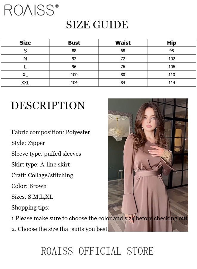 رويس فستان أنيق بقصة ضيقة، بياقة على شكل حرف V وأكمام منفوخة، بلون موحد فاخر، بخصر مربوط، يصل طوله إلى الكاحل، مناسب للسيدات الأنيقات، مريح، لطيف على البشرة، يسمح بمرور الهواء، مثالي للمناسبات الرسمية، باللون البني. - Image 4