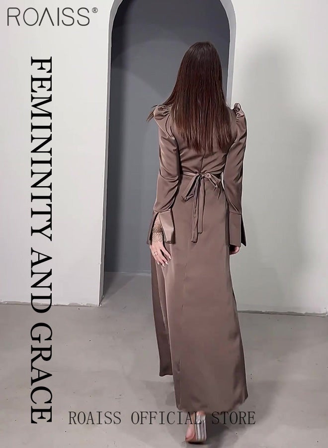 رويس فستان أنيق بقصة ضيقة، بياقة على شكل حرف V وأكمام منفوخة، بلون موحد فاخر، بخصر مربوط، يصل طوله إلى الكاحل، مناسب للسيدات الأنيقات، مريح، لطيف على البشرة، يسمح بمرور الهواء، مثالي للمناسبات الرسمية، باللون البني. - Image 5