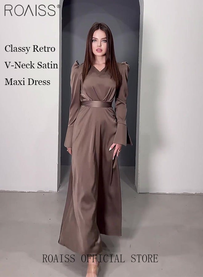 رويس فستان أنيق بقصة ضيقة، بياقة على شكل حرف V وأكمام منفوخة، بلون موحد فاخر، بخصر مربوط، يصل طوله إلى الكاحل، مناسب للسيدات الأنيقات، مريح، لطيف على البشرة، يسمح بمرور الهواء، مثالي للمناسبات الرسمية، باللون البني. - Image 3