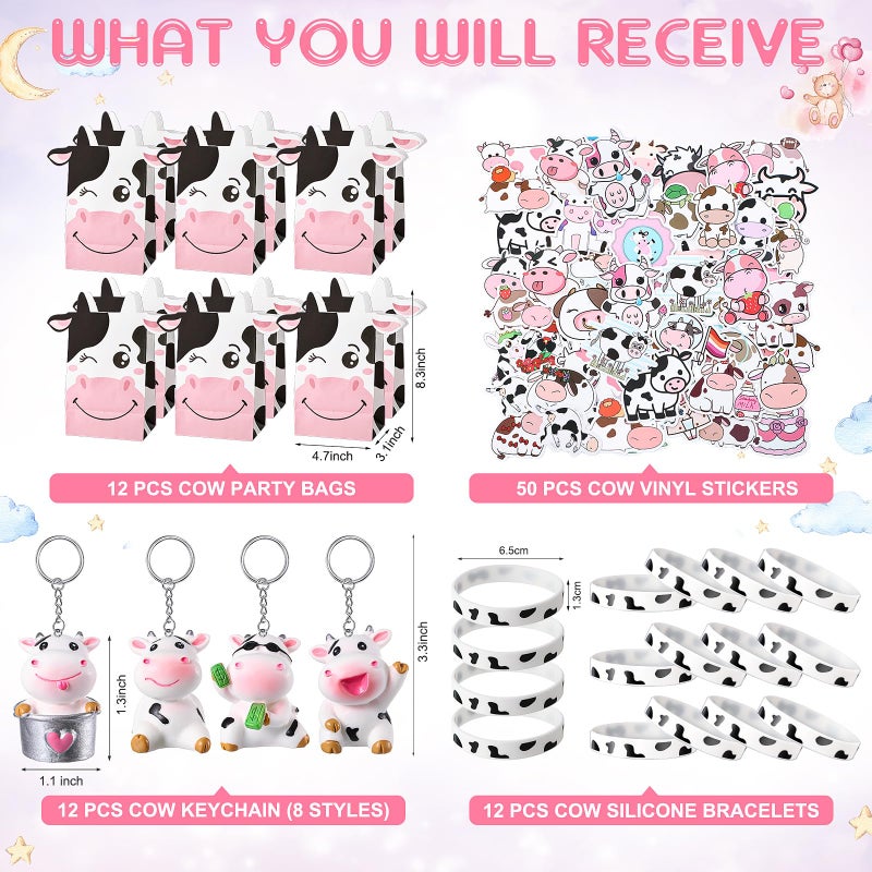 Fumete 86 Pcs Cow Party Favors Supplies Include Cow Keychain Party Paper Bags Keychains Cow Silicone Bracelets Vinyl Stickers for Girls Kids Baby Shower Treat Goodie Birthday Supplies - Image 3