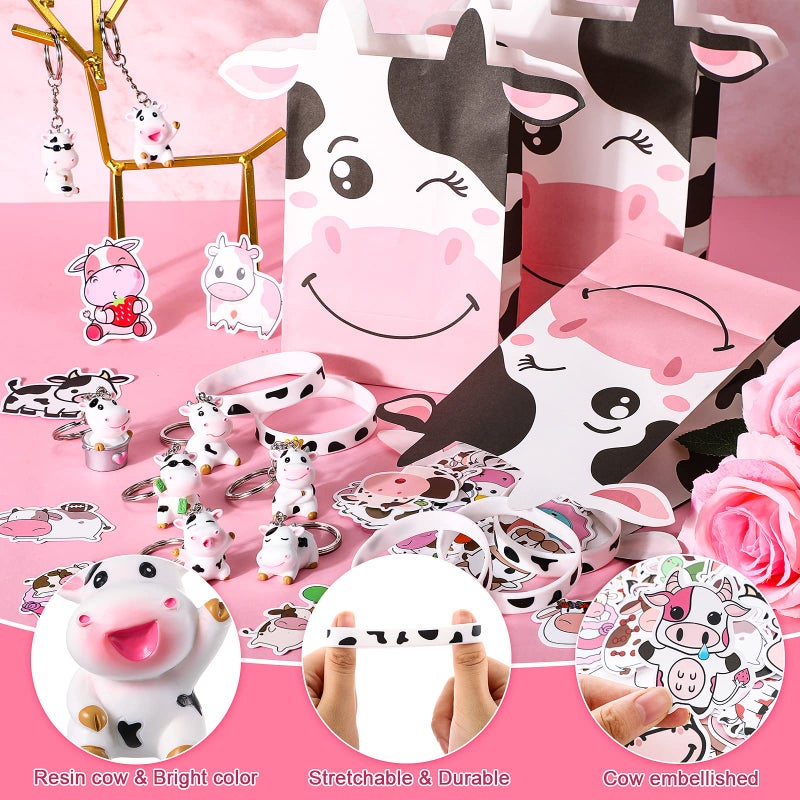 Fumete 86 Pcs Cow Party Favors Supplies Include Cow Keychain Party Paper Bags Keychains Cow Silicone Bracelets Vinyl Stickers for Girls Kids Baby Shower Treat Goodie Birthday Supplies - Image 4