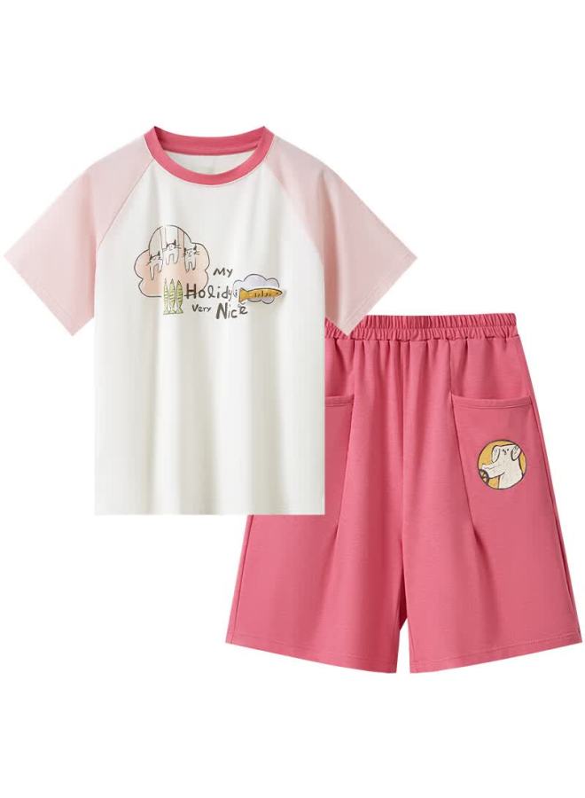 Xiaofanshupotatokids Children's Home Wear, Summer Thin Short-sleeve Shorts, Boys And Girls Parent-child Style Pajamas, Lotus Pink, Size 150