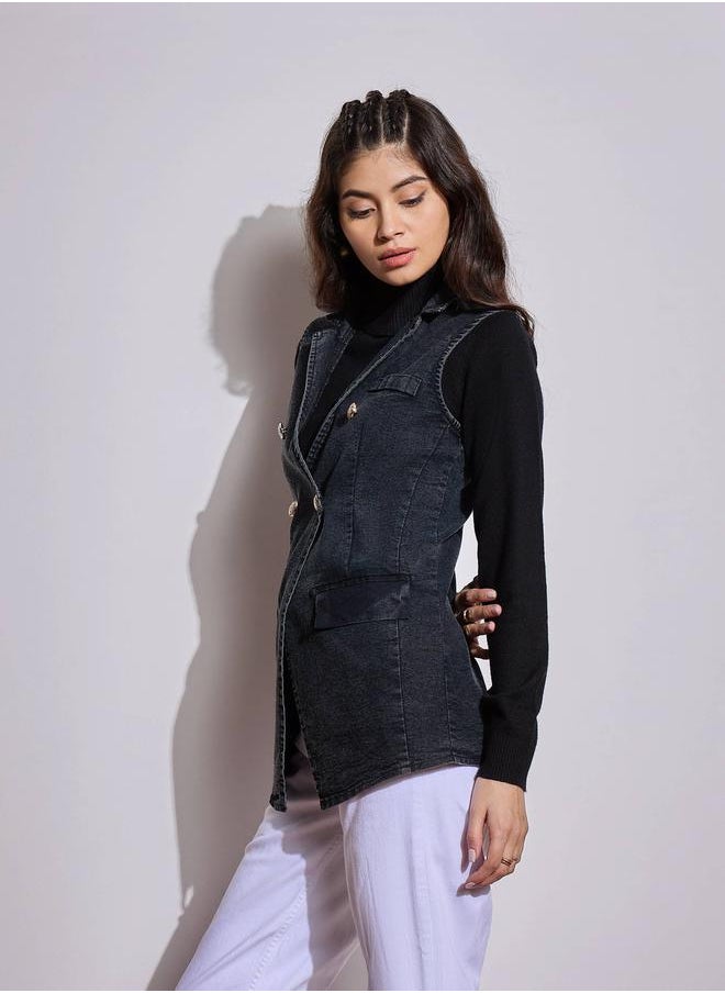 SASSAFRAS Flap Pocket Denim Sleeveless Shacket by Styli  - Image 3