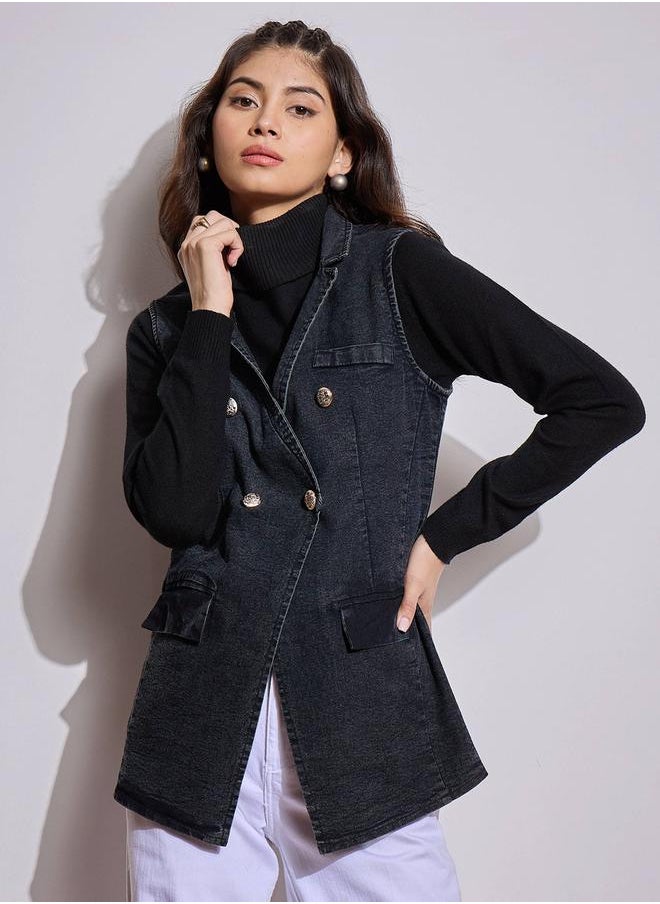 SASSAFRAS Flap Pocket Denim Sleeveless Shacket by Styli  - Image 1