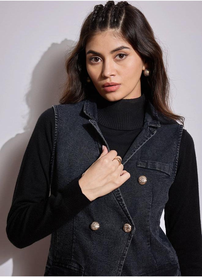 SASSAFRAS Flap Pocket Denim Sleeveless Shacket by Styli  - Image 4