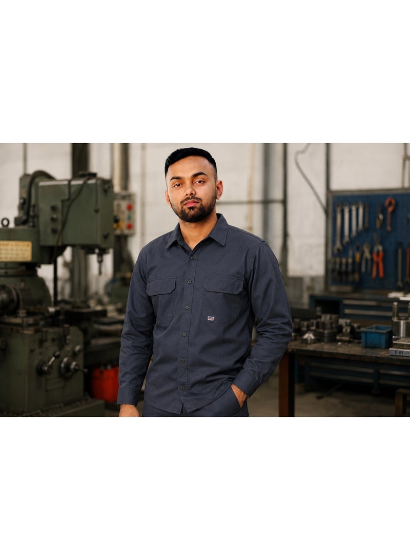 Border Alpha Safety Wear Work Suit, 100% Cotton Long Sleeve Shirt & Pant Uniform Set, Navy Blue Industrial Workwear Suit for Factory, Workshop, Maintenance & Technician Use, Size L - Image 2