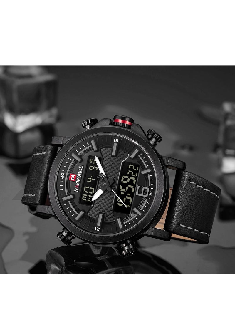 NAVIFORCE - Mens Black Dial Black Leather Strap Watch Analog Digital Quartz Waterproof Chronograph with Dual Display and Carbon Fiber Texture - Image 1