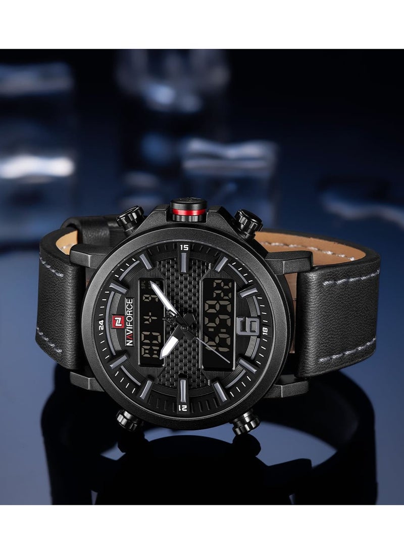 NAVIFORCE - Mens Black Dial Black Leather Strap Watch Analog Digital Quartz Waterproof Chronograph with Dual Display and Carbon Fiber Texture - Image 1