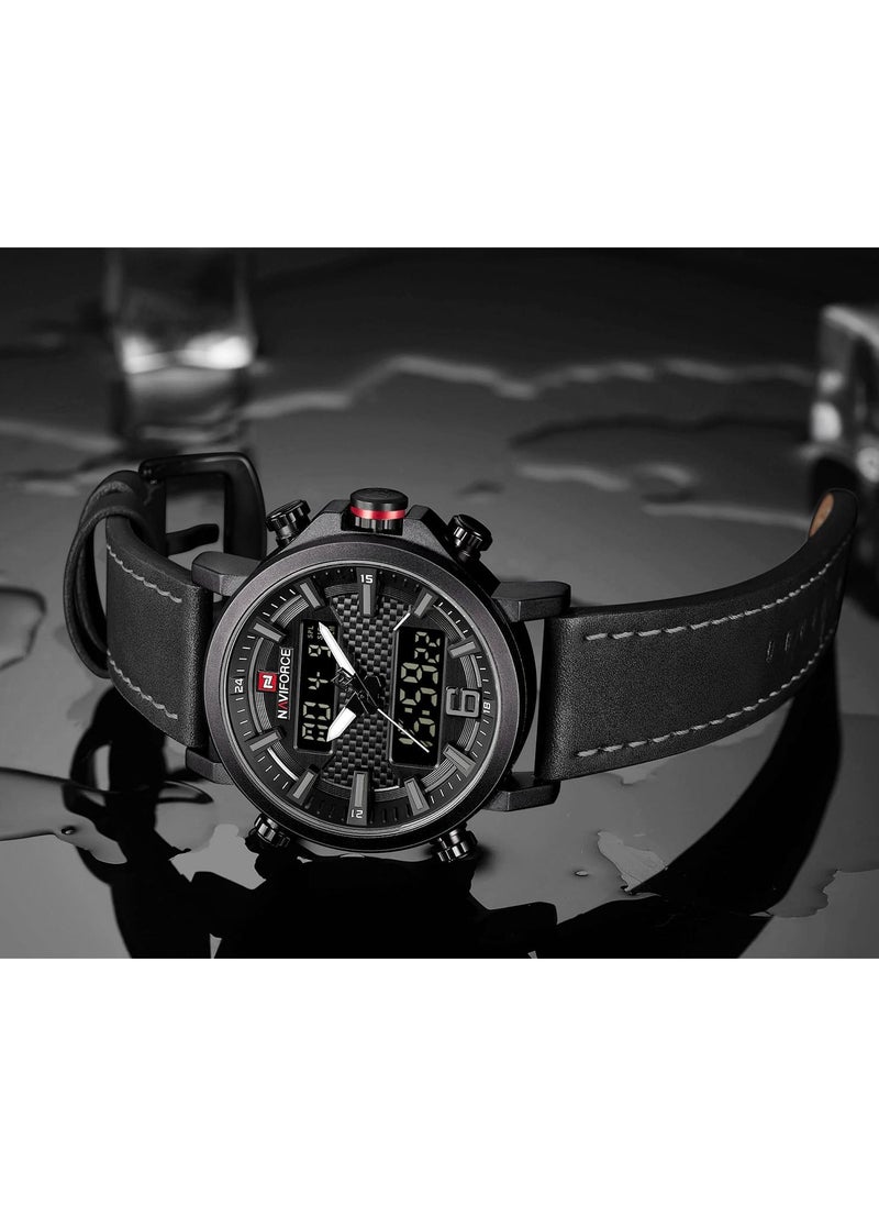 NAVIFORCE - Mens Black Dial Black Leather Strap Watch Analog Digital Quartz Waterproof Chronograph with Dual Display and Carbon Fiber Texture - Image 1