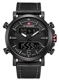 Mens Black Dial Black Leather Strap Watch Analog Digital Quartz Waterproof Chronograph with Dual Display and Carbon Fiber Texture