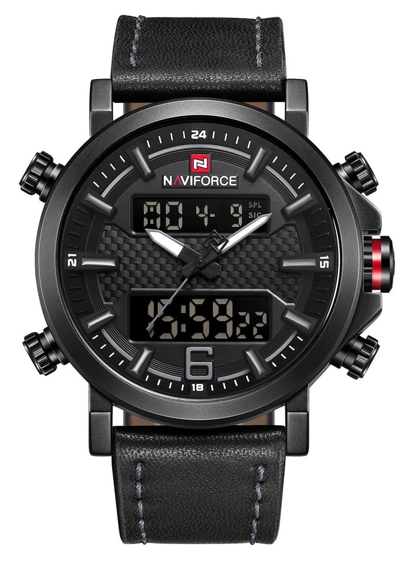 NAVIFORCE - Mens Black Dial Black Leather Strap Watch Analog Digital Quartz Waterproof Chronograph with Dual Display and Carbon Fiber Texture - Image 1