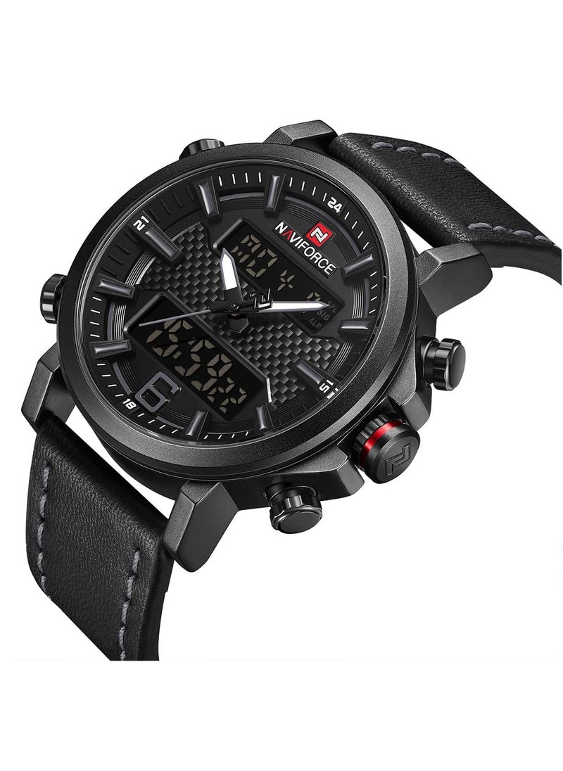 NAVIFORCE - Mens Black Dial Black Leather Strap Watch Analog Digital Quartz Waterproof Chronograph with Dual Display and Carbon Fiber Texture - Image 1