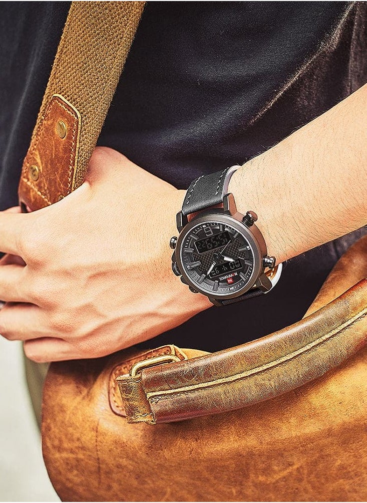 NAVIFORCE - Mens Black Dial Black Leather Strap Watch Analog Digital Quartz Waterproof Chronograph with Dual Display and Carbon Fiber Texture - Image 1