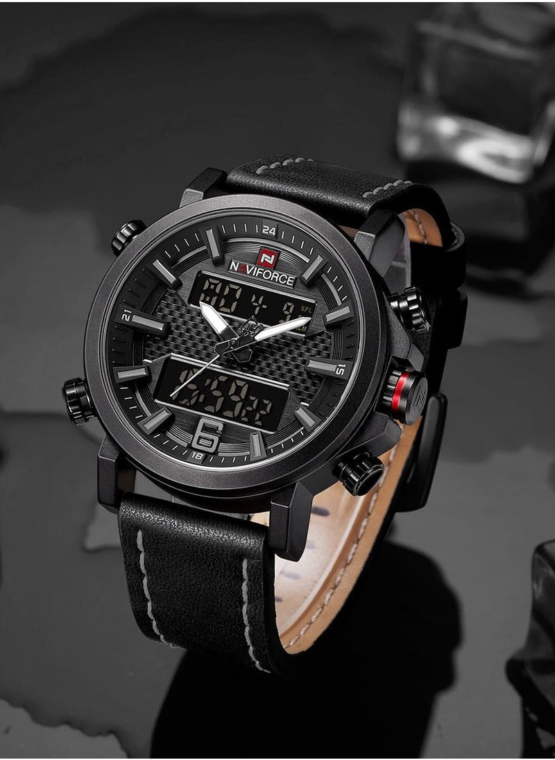 NAVIFORCE - Mens Black Dial Black Leather Strap Watch Analog Digital Quartz Waterproof Chronograph with Dual Display and Carbon Fiber Texture - Image 1