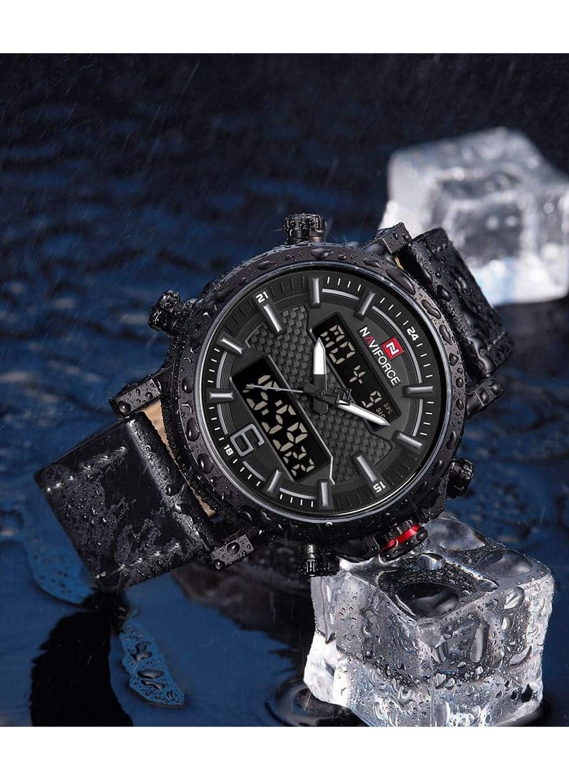 NAVIFORCE - Mens Black Dial Black Leather Strap Watch Analog Digital Quartz Waterproof Chronograph with Dual Display and Carbon Fiber Texture - Image 1