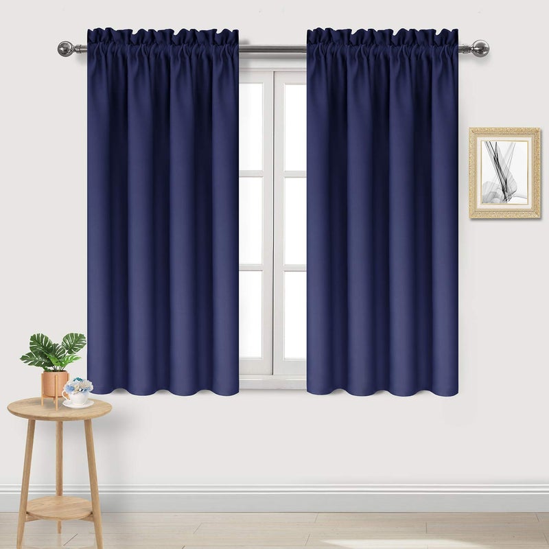 DWCN Kitchen Curtains for Small Windows 45 inch Long 2 Panels Set Navy Blackout Room Darkening Short Drapes for Bedroom Rod Pocket Thermal Insulated Window Treatment W38 x L45 Inch Navy Blue