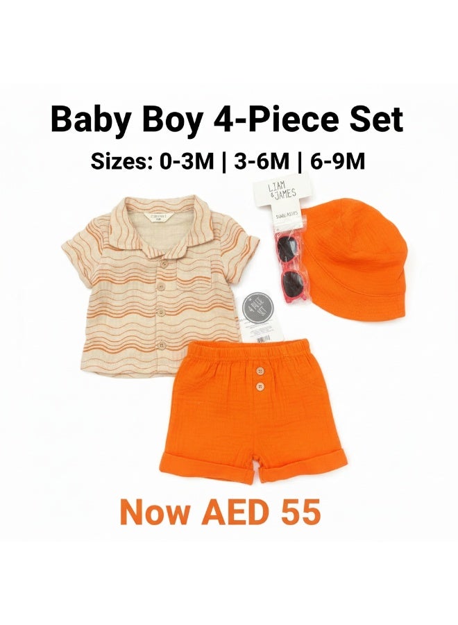 طقم أولاد 4 قطع - قميص مخطط، شورت برتقالي، قبعة ونظارة شمسية - Image 4