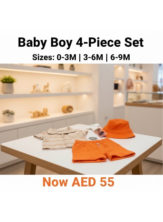 طقم أولاد 4 قطع - قميص مخطط، شورت برتقالي، قبعة ونظارة شمسية - Image 3