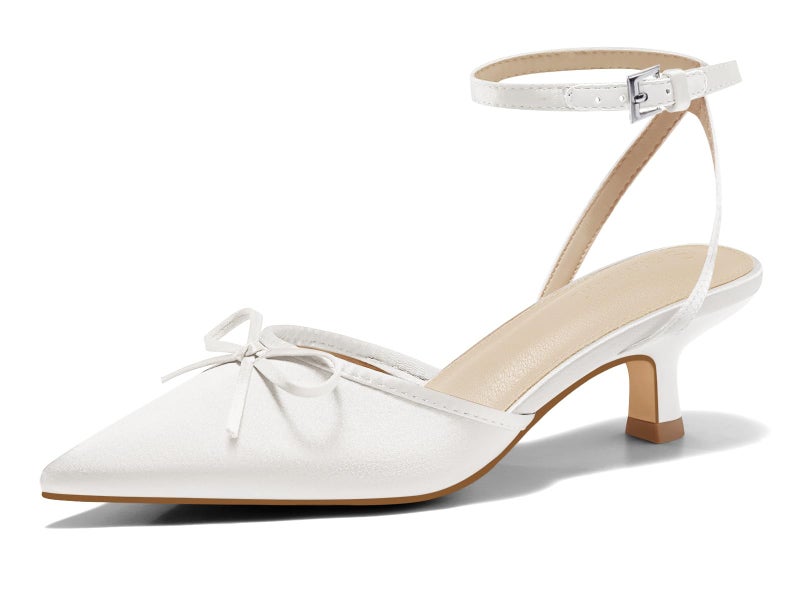 Coutgo Womens Kitten Low Heels Bow Tie Closed Pointed Toe Ankle Strap Pumps Party Wedding Dress Shoes White - Image 1
