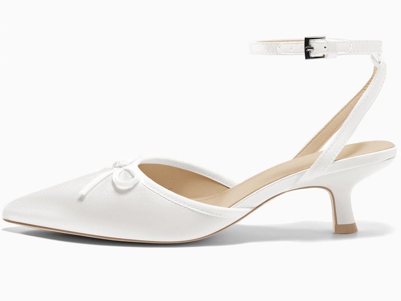 Coutgo Womens Kitten Low Heels Bow Tie Closed Pointed Toe Ankle Strap Pumps Party Wedding Dress Shoes White - Image 4