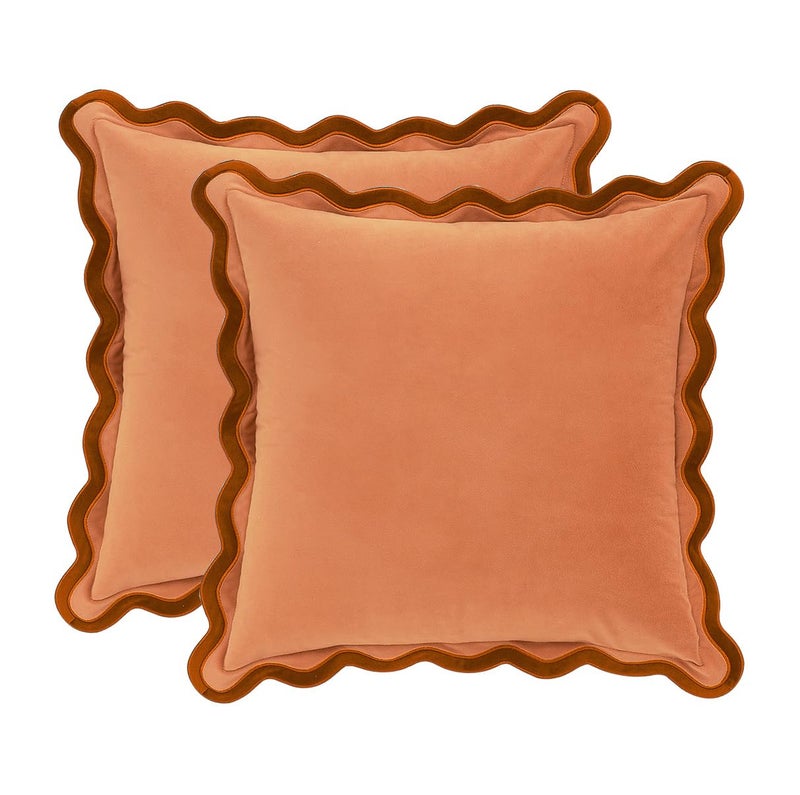 MONDAY MOOSE Decorative Throw Pillow Covers Cushion Cases, Set of 2 Soft Velvet Scalloped Wavy Edge Designs, Mix and Match for Home Decor, Pillow Inserts Not Included (16x16 inch, Rust/Coral) - Image 1