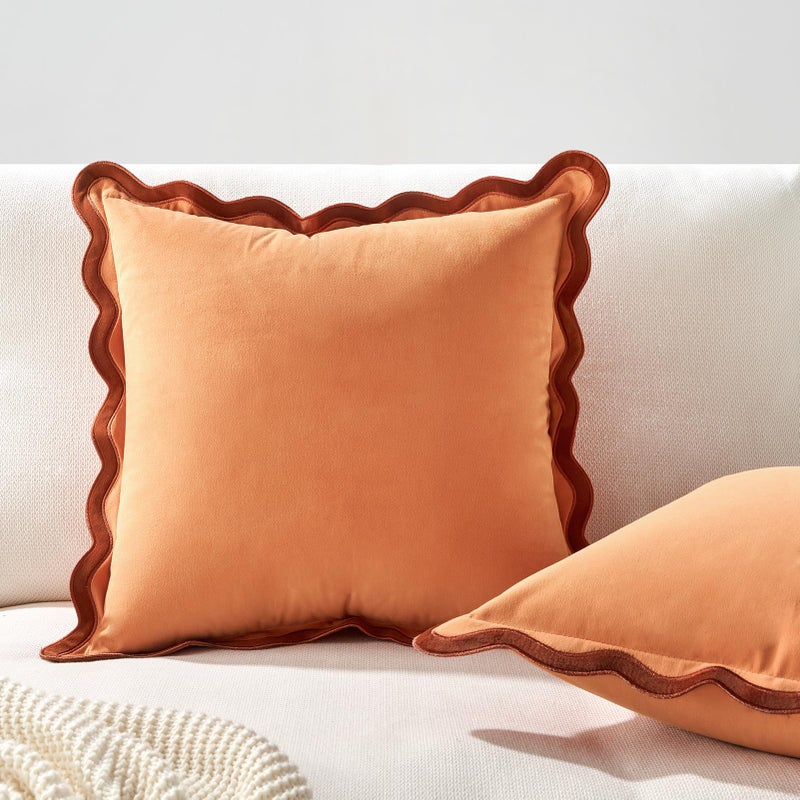 MONDAY MOOSE Decorative Throw Pillow Covers Cushion Cases, Set of 2 Soft Velvet Scalloped Wavy Edge Designs, Mix and Match for Home Decor, Pillow Inserts Not Included (16x16 inch, Rust/Coral) - Image 4