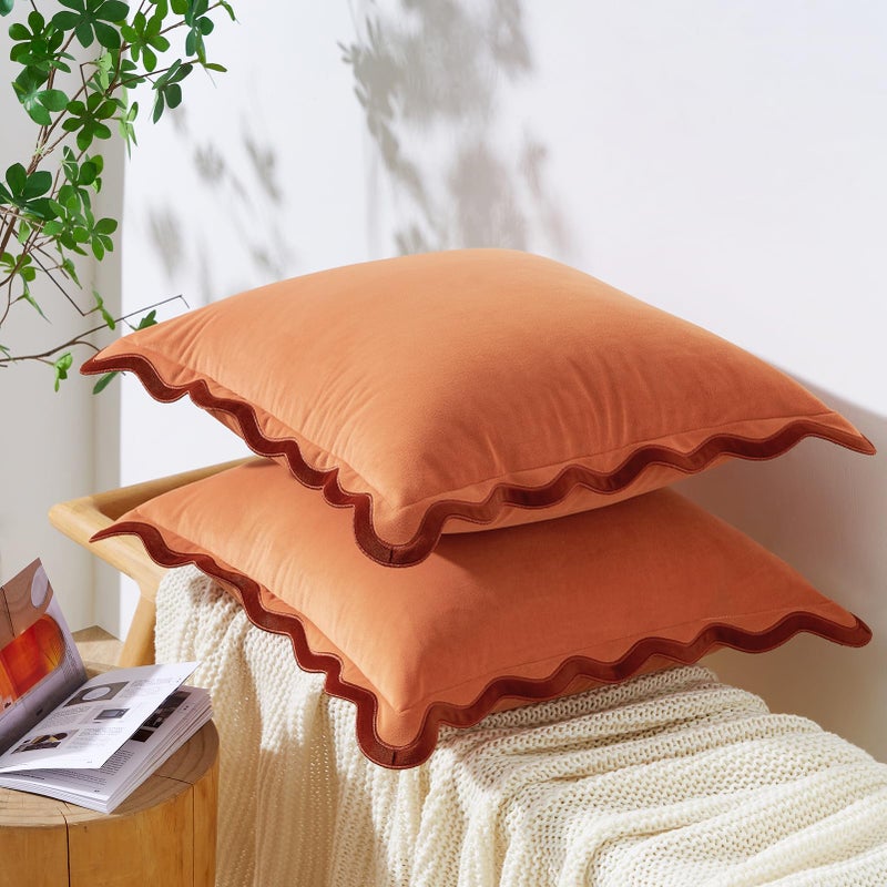 MONDAY MOOSE Decorative Throw Pillow Covers Cushion Cases, Set of 2 Soft Velvet Scalloped Wavy Edge Designs, Mix and Match for Home Decor, Pillow Inserts Not Included (16x16 inch, Rust/Coral) - Image 3