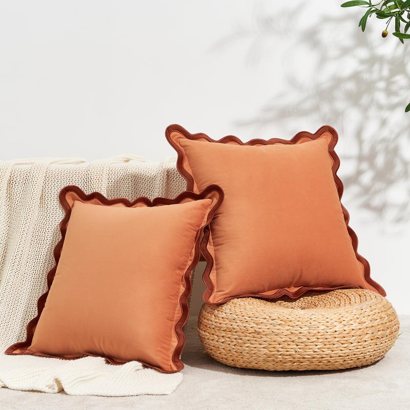 MONDAY MOOSE Decorative Throw Pillow Covers Cushion Cases, Set of 2 Soft Velvet Scalloped Wavy Edge Designs, Mix and Match for Home Decor, Pillow Inserts Not Included (16x16 inch, Rust/Coral) - Image 2