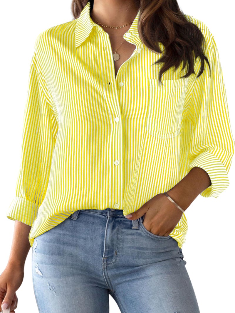 CUNLIN Yellow Tops for Women Top Shirt Womens Blouses Dressy Casual Oversized Button Down Shirts Long Sleeve Women's Blouse Lemon Yellow Size L - Image 1
