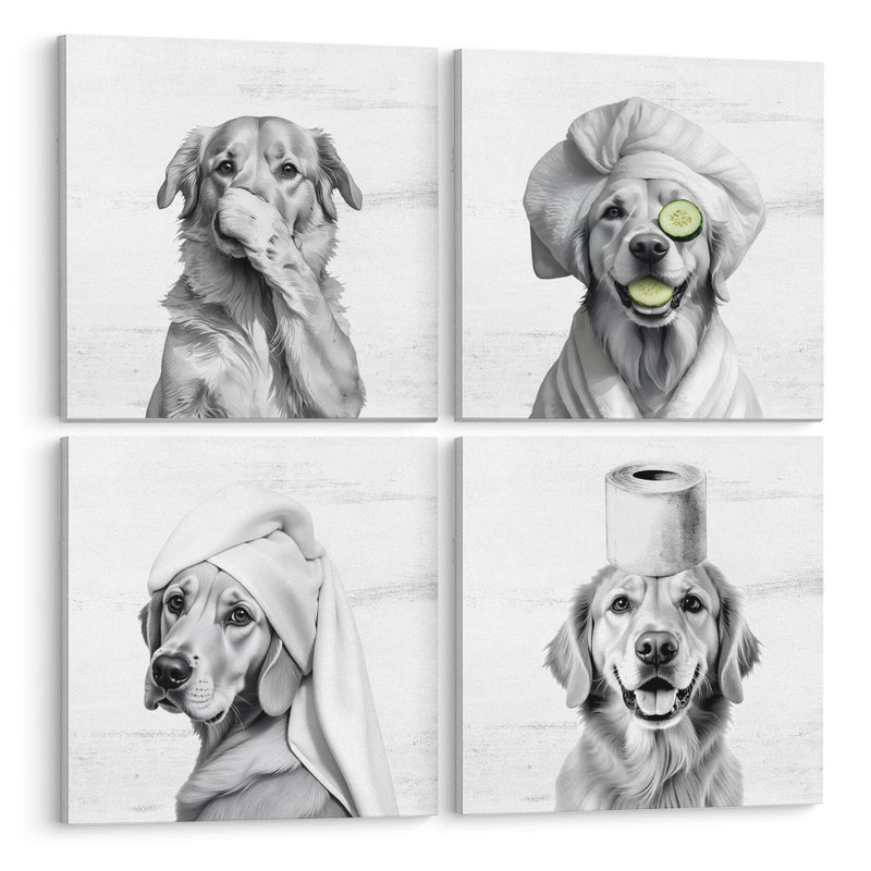 LUKIPOM Funny Golden Retriever Bathroom Wall Art Canvas Prints Set of 4, Funny Golden Retriever Dog Wall Wall Art Posters for Bathroom Washroom Restroom Decor,8x8Inch Framed - Image 1