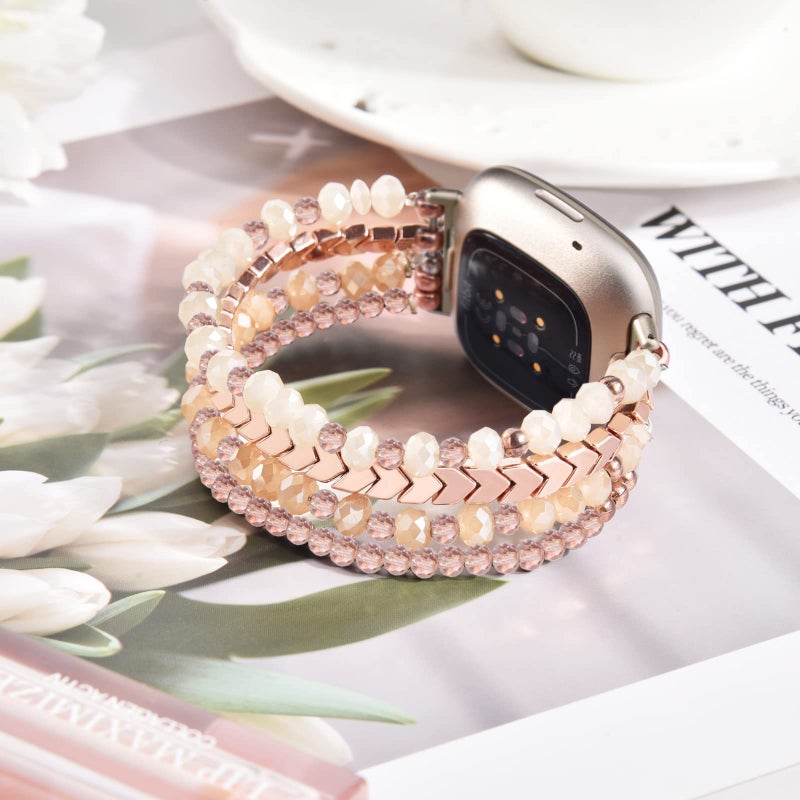 MOFREE Bracelet Compatible with Fitbit Versa 3/Versa 4/ Sense/Sense 2 Bands for Women, Handmade Fashion Elastic Beadeds Arrows Strap Replacement (Rose Gold) - Image 2