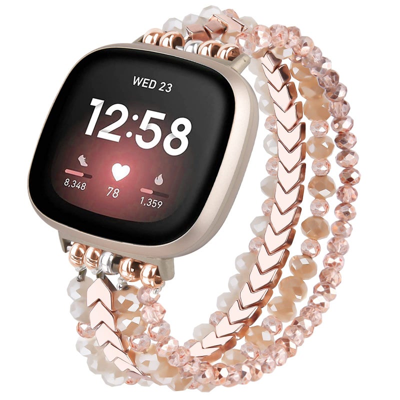 MOFREE Bracelet Compatible with Fitbit Versa 3/Versa 4/ Sense/Sense 2 Bands for Women, Handmade Fashion Elastic Beadeds Arrows Strap Replacement (Rose Gold) - Image 1