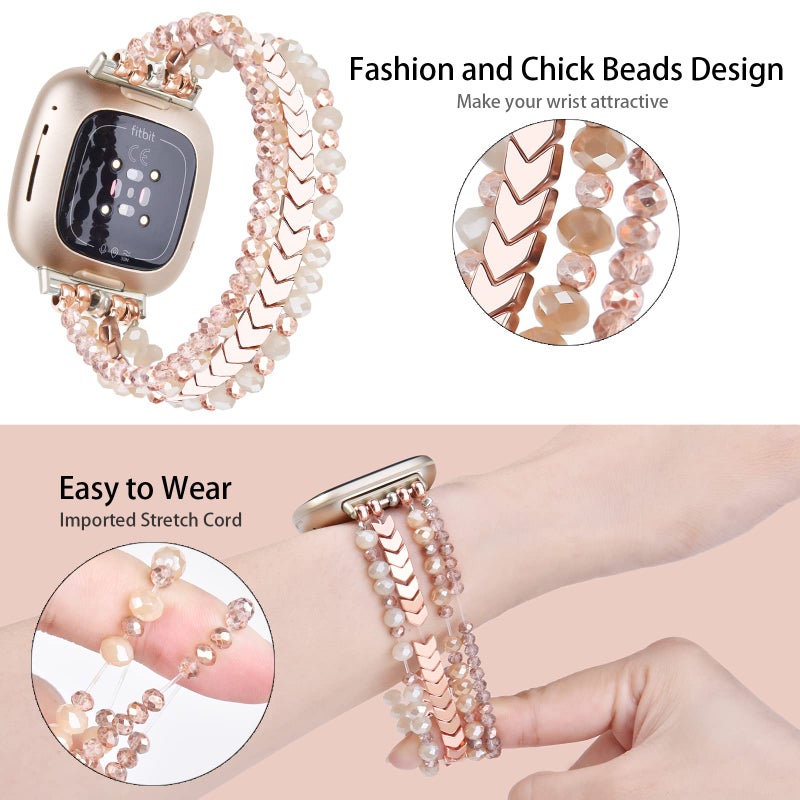 MOFREE Bracelet Compatible with Fitbit Versa 3/Versa 4/ Sense/Sense 2 Bands for Women, Handmade Fashion Elastic Beadeds Arrows Strap Replacement (Rose Gold) - Image 3