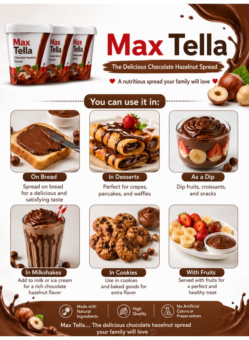 Maxtella Max tilla Hazelnut and Chocolate Spread Savings Bundle - 3 Packs x 900g (Total 2.7kg) - Rich Flavor & Creamy Texture, Perfect for Sandwiches, Crepes and Desserts - Image 5