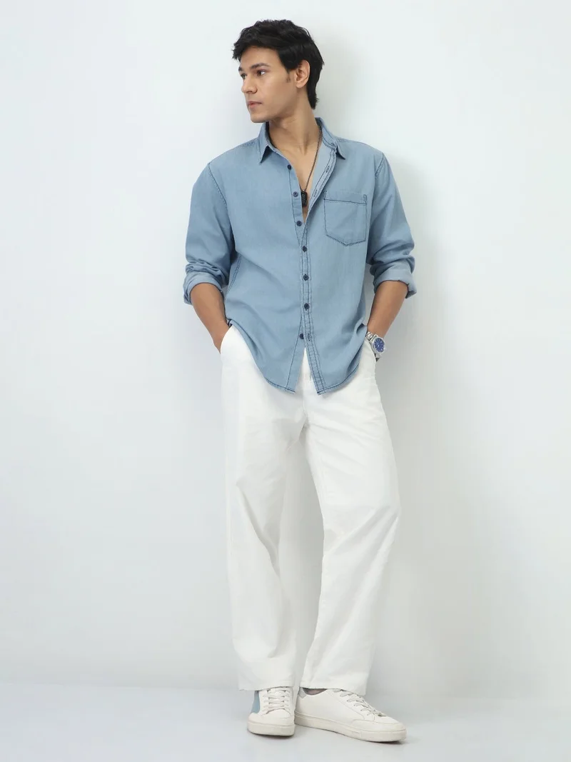 Urbano Fashion  Urbano Fashion Men's Ice Blue Regular Fit Full Sleeve Solid Denim Shirt  | Best Price UAE