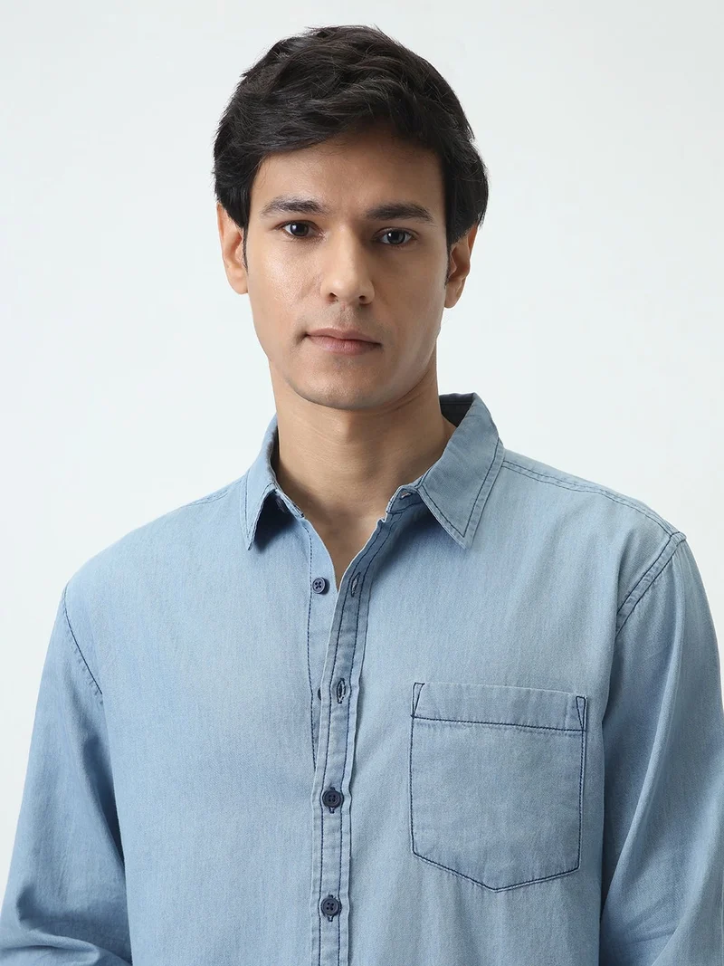 Urbano Fashion  Urbano Fashion Men's Ice Blue Regular Fit Full Sleeve Solid Denim Shirt  | Best Price UAE