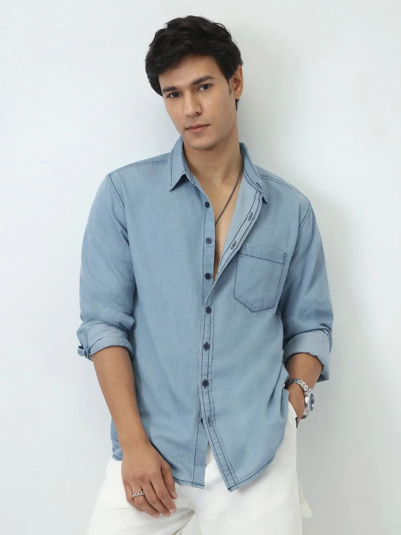 Urbano Fashion  Urbano Fashion Men's Ice Blue Regular Fit Full Sleeve Solid Denim Shirt  | Best Price UAE