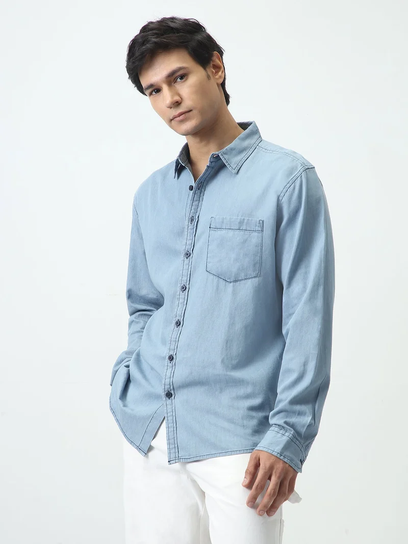 Urbano Fashion Men's Ice Blue Regular Fit Full Sleeve Solid Denim Shirt