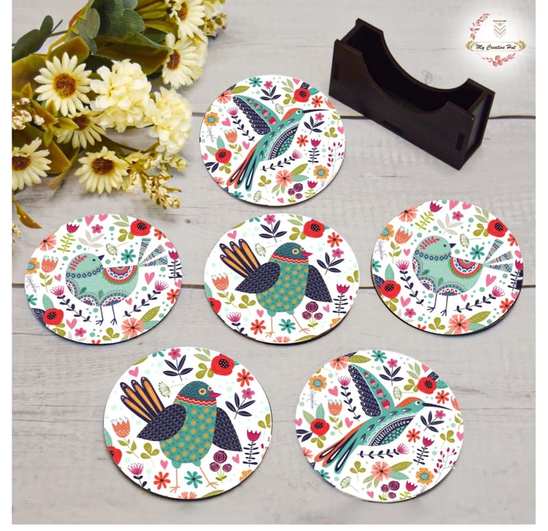 My Creative Hut Tea Coasters Set of 6, Beautiful Design with Stand for Tea Cups, Coffee Mugs, and Glasses, Ideal for Gifting (Birds Art) - Image 4
