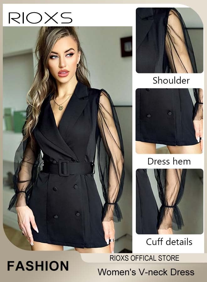 RIOXS Women's Double-breasted Formal Dress with Mesh Puff Sleeves and Belt, Long Sleeve Formal Blazer Dress, Fashionable A-line Dress with Elegant Chic Style, Suitable for All Daily Wear and Formal Occasions  - Image 4
