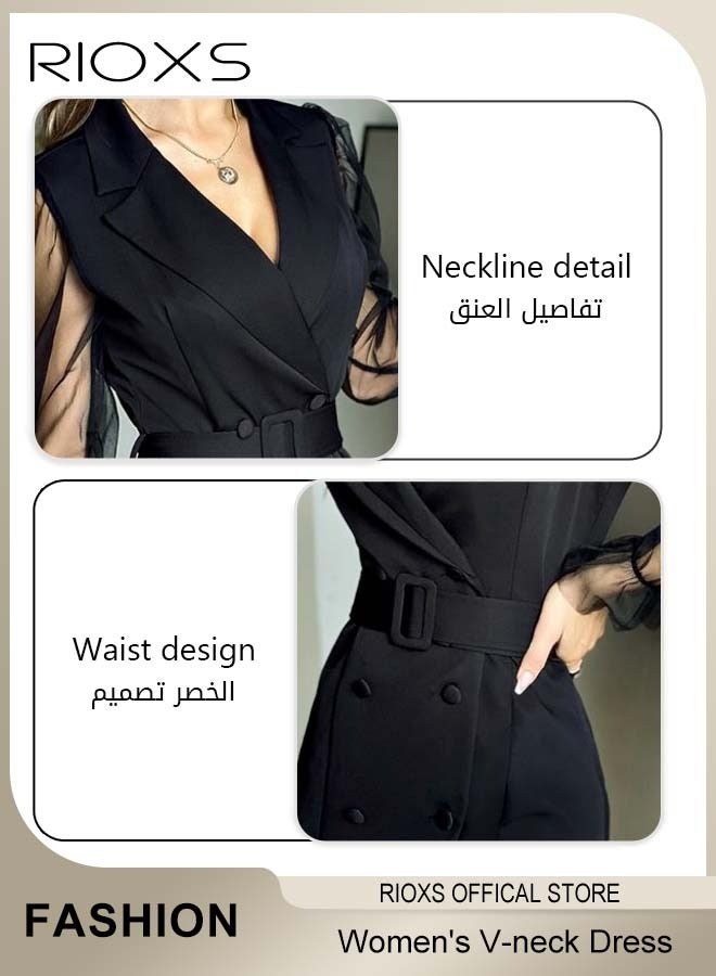 RIOXS Women's Double-breasted Formal Dress with Mesh Puff Sleeves and Belt, Long Sleeve Formal Blazer Dress, Fashionable A-line Dress with Elegant Chic Style, Suitable for All Daily Wear and Formal Occasions  - Image 5