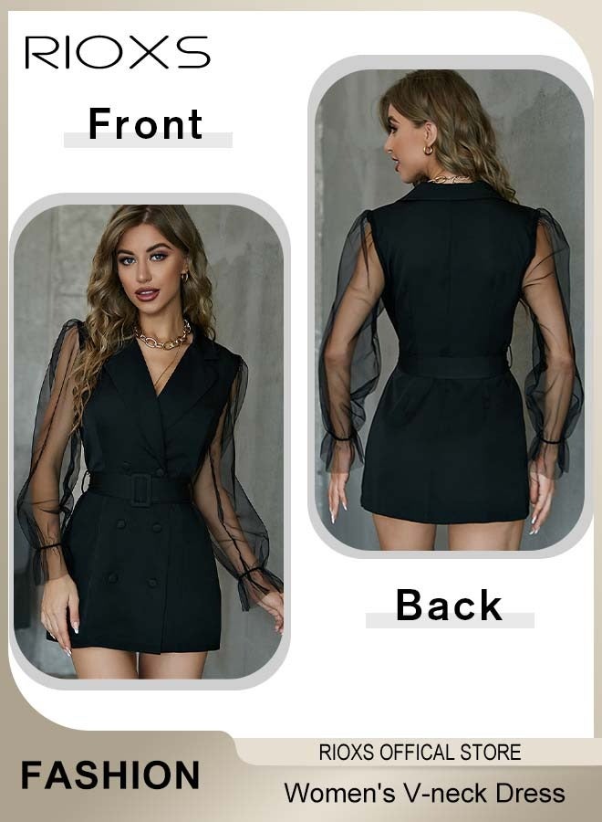 RIOXS Women's Double-breasted Formal Dress with Mesh Puff Sleeves and Belt, Long Sleeve Formal Blazer Dress, Fashionable A-line Dress with Elegant Chic Style, Suitable for All Daily Wear and Formal Occasions  - Image 3